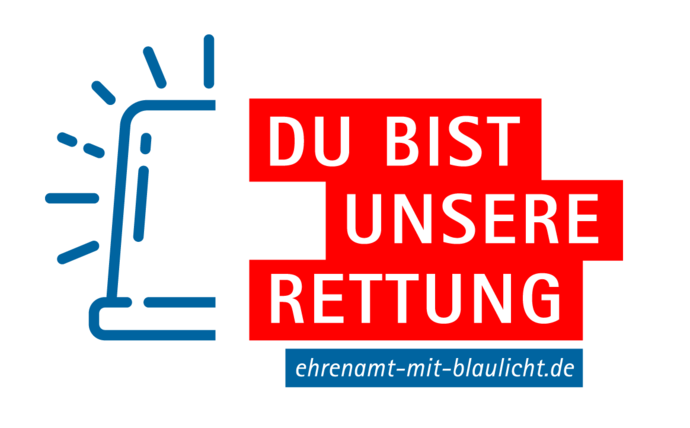 Die Grafik zeigt das Logo der Kampagne: ein Blaulicht und das Motto »Du bist unsere Rettung – Ehrenamt mit Blaulicht« in weißer Schrift auf rotem und blauem Schrifthintergrund