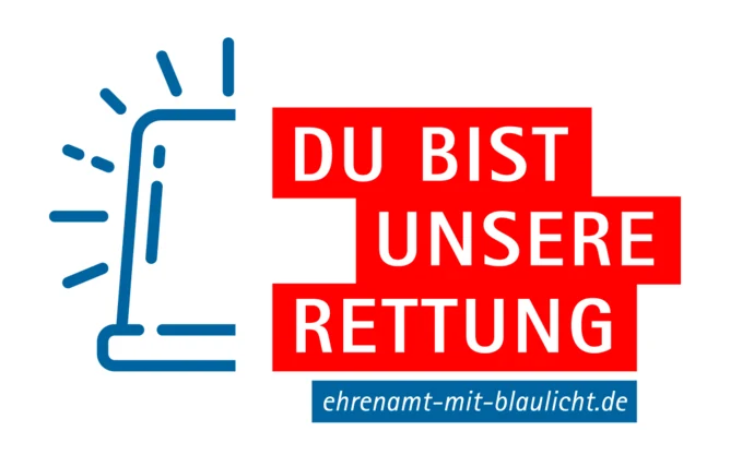 Die Grafik zeigt das Logo der Kampagne: ein Blaulicht und das Motto »Du bist unsere Rettung – Ehrenamt mit Blaulicht« in weißer Schrift auf rotem und blauem Schrifthintergrund