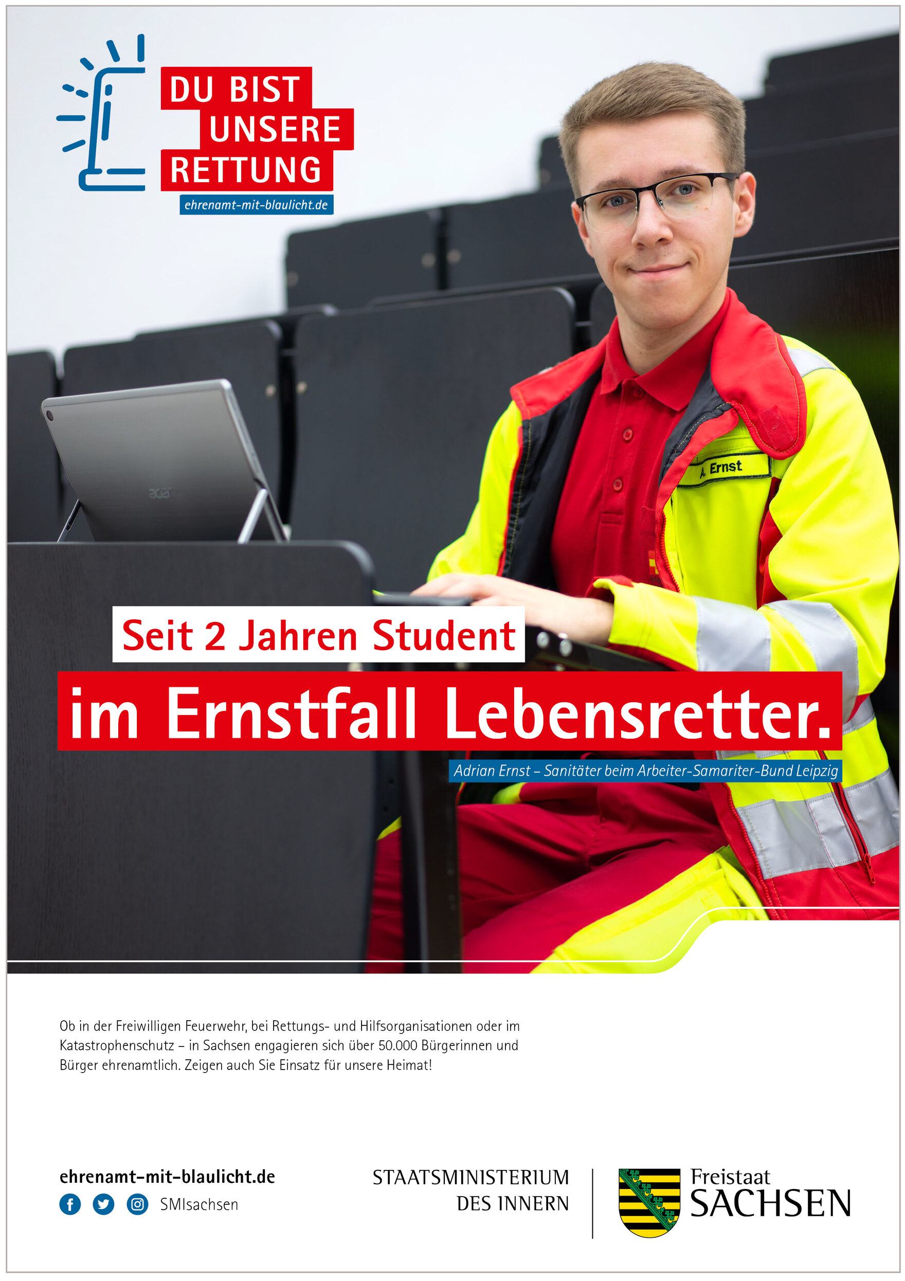 Plakatmotiv von Adrian Ernst mit der Aufschrift: »Seit 2 Jahren Student – im Ernstfall Lebensretter.«
