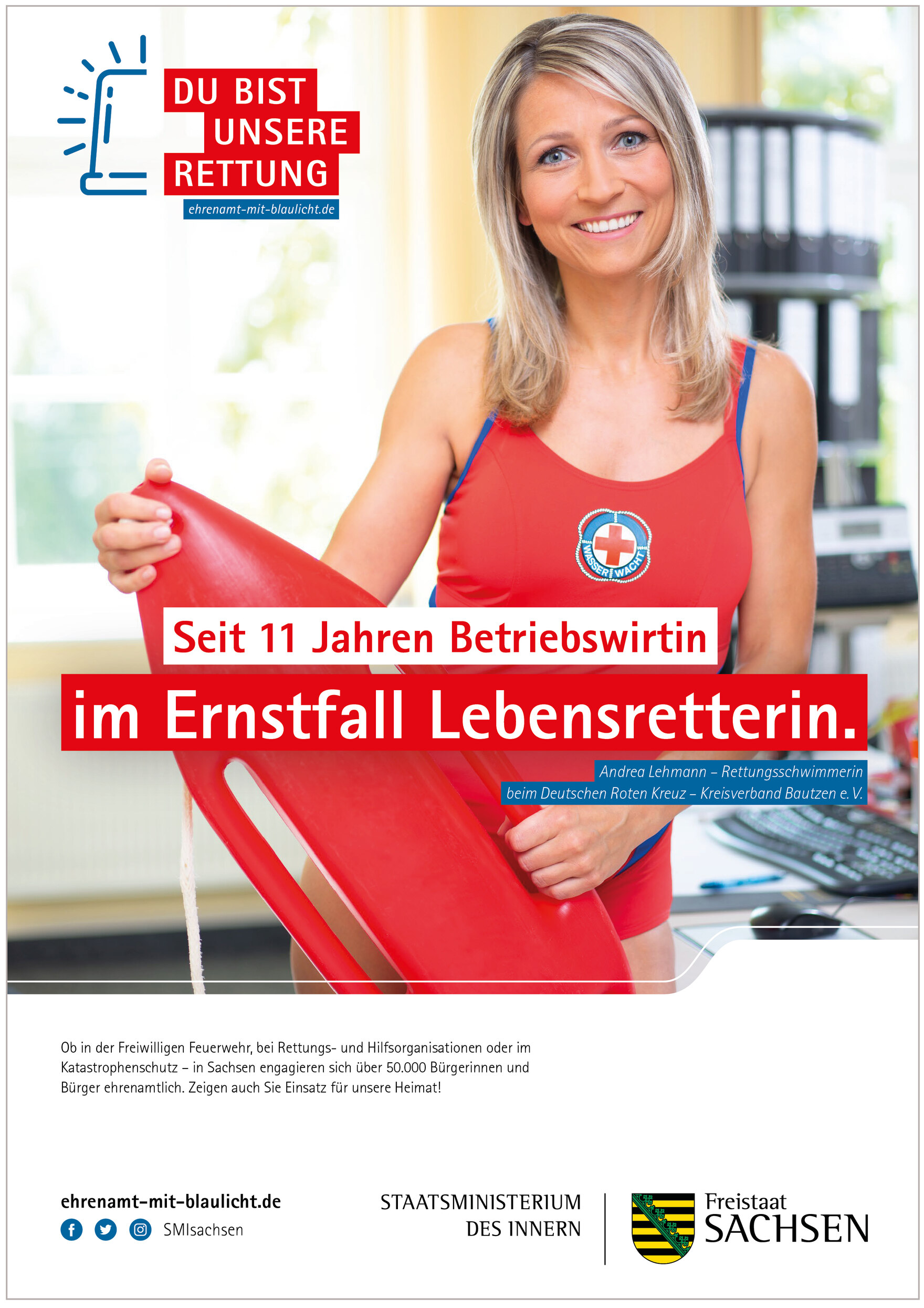 Plakatmotiv von Andrea Lehmann mit der Aufschrift: »Seit 11 Jahren Betriebswirtin – im Ernstfall Lebensretterin.« 