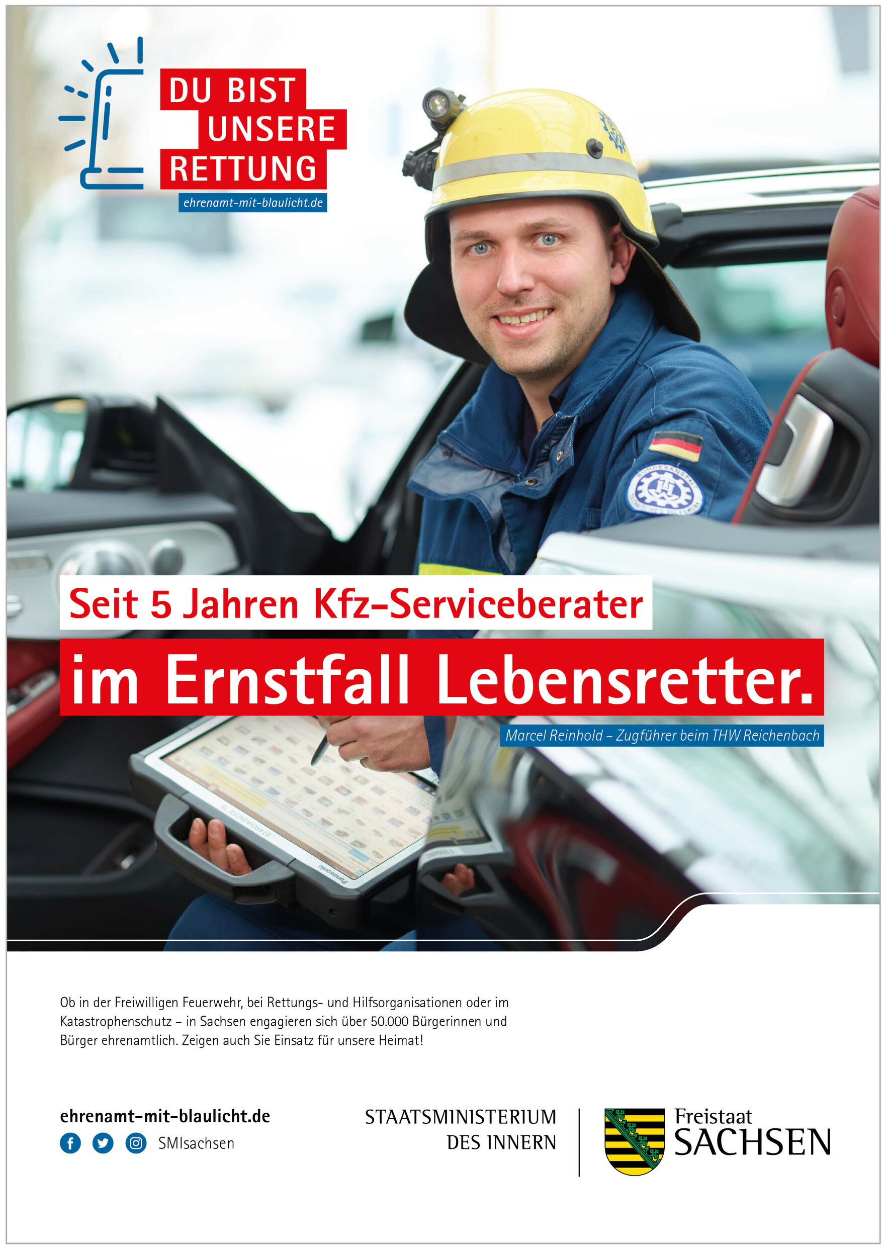 Plakatmotiv von Marcel Reinhold mit der Aufschrift: »Seit 5 Jahren Kfz-Serviceberater – im Ernstfall Lebensretter.«