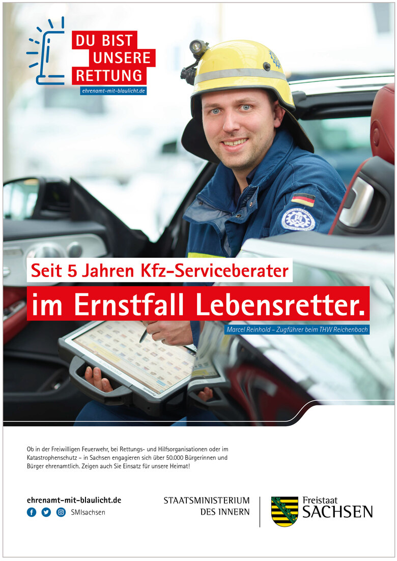 Plakatmotiv von Marcel Reinhold mit der Aufschrift: »Seit 5 Jahren Kfz-Serviceberater – im Ernstfall Lebensretter.«