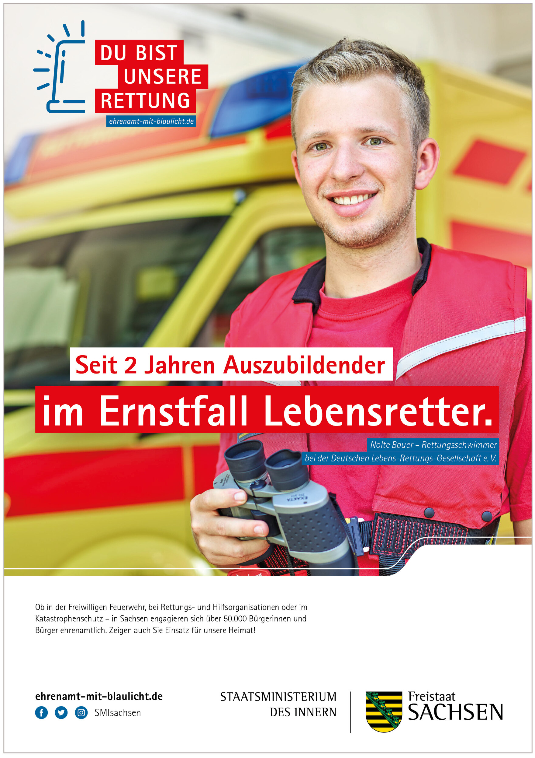 Plakatmotiv von Nolte Bauer mit der Aufschrift: »Seit 2 Jahren Auszubildender – im Ernstfall Lebensretter.«
