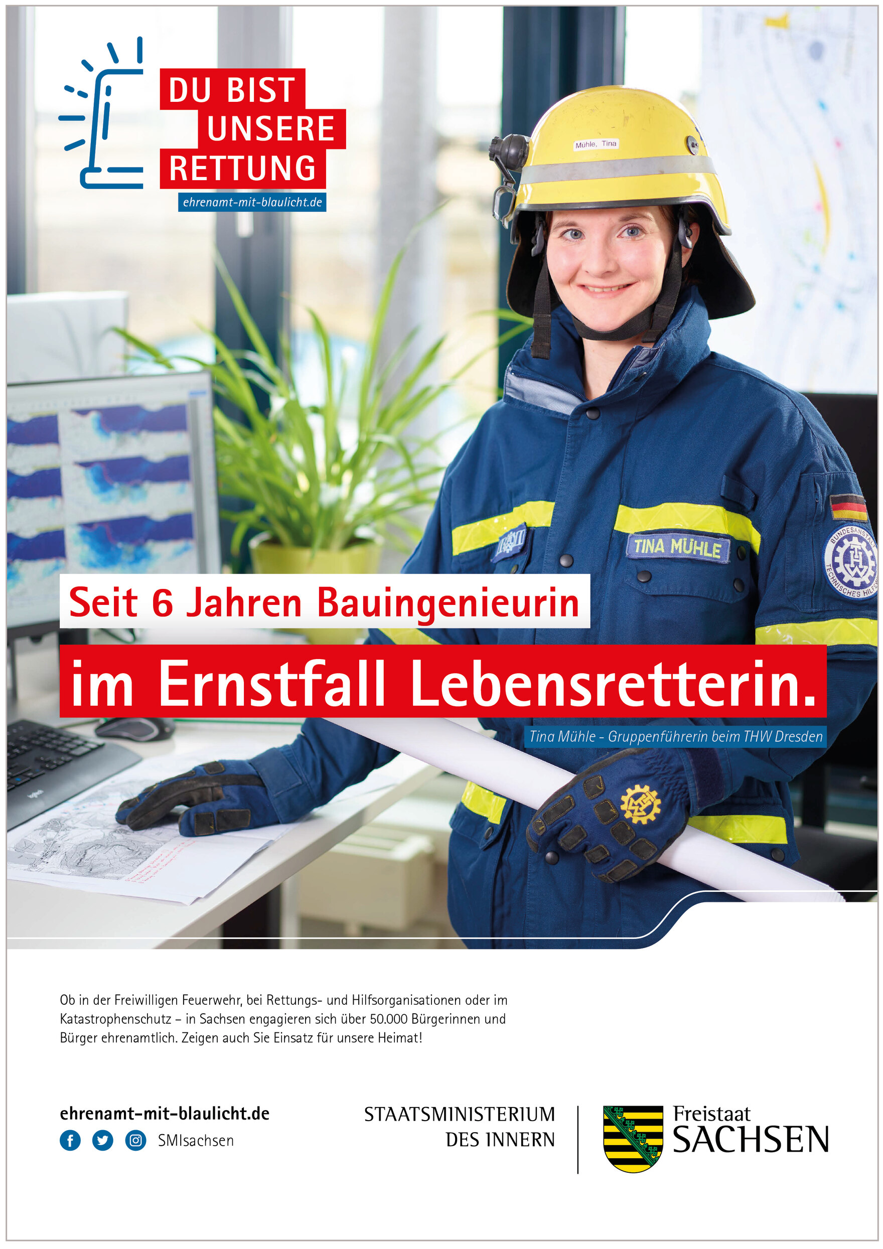 Plakatmotiv von Tina Steingräber mit der Aufschrift: »Seit 6 Jahren Bauingenieurin – im Ernstfall Lebensretterin.«
