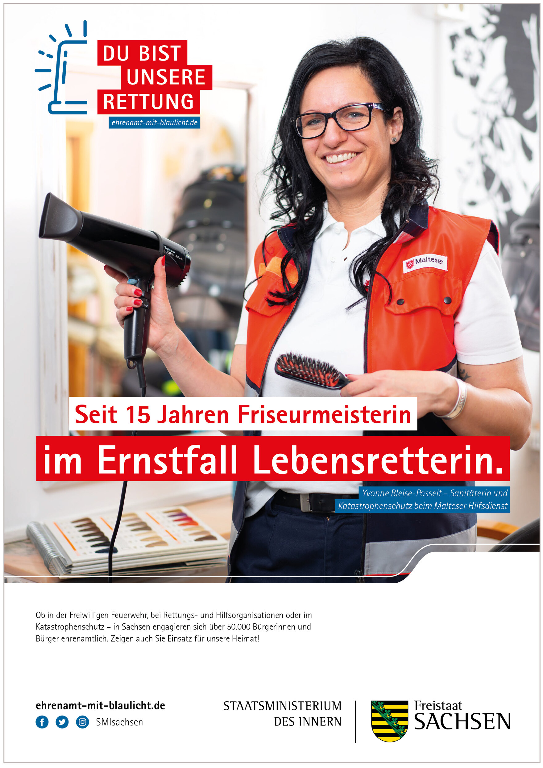 Plakatmotiv von Yvonne Bleise-Posselt mit der Aufschrift: »15 Jahre Friseurmeisterin – im Ernstfall Lebensretterin.«