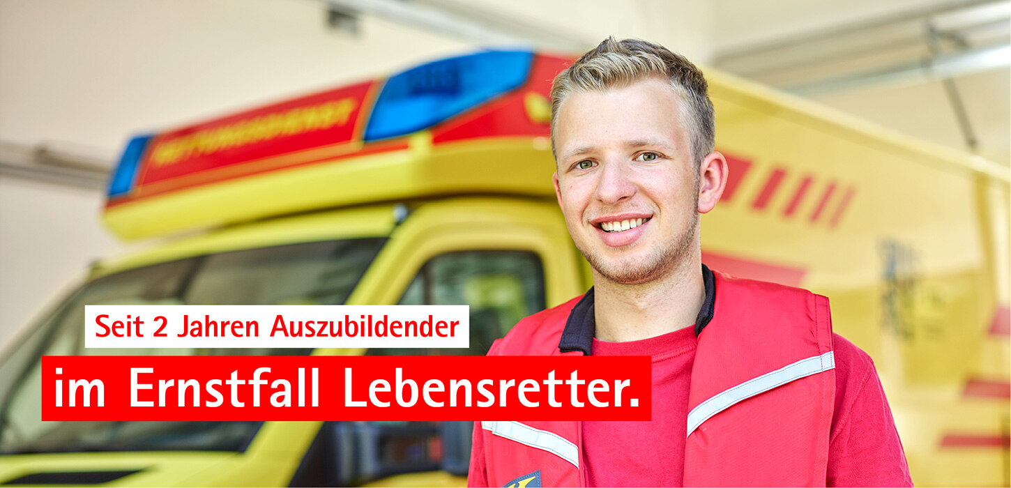 Das Bild zeigt das Kampagnenmotiv von Nolte Bauer mit der Aufschrift: »Seit 2 Jahren Auszubildender – im Ernstfall Lebensretter«.